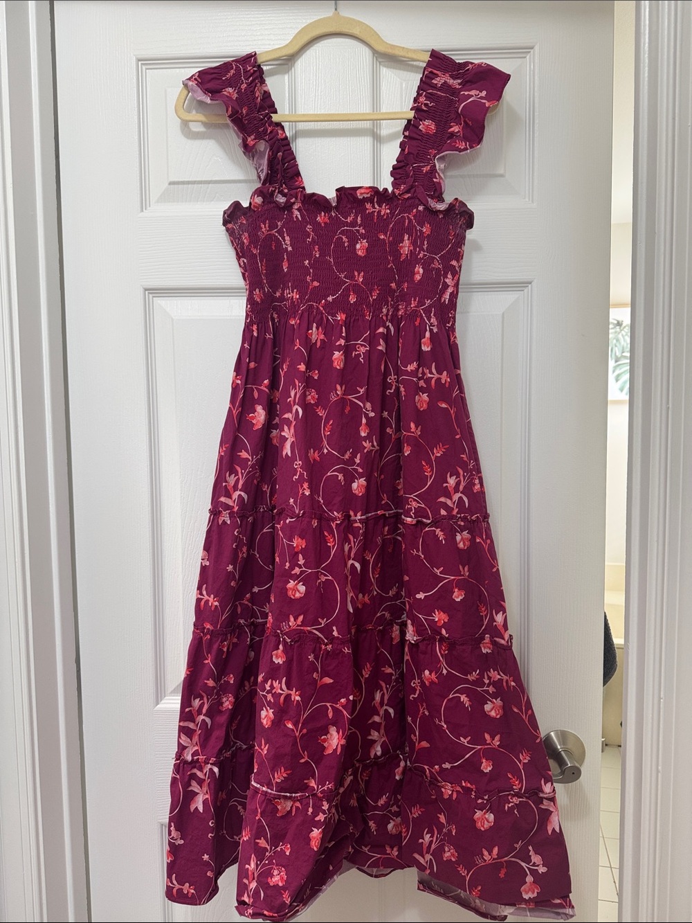 Hill House Burgundy Floral Ruffle-Shoulder Maxi Dress